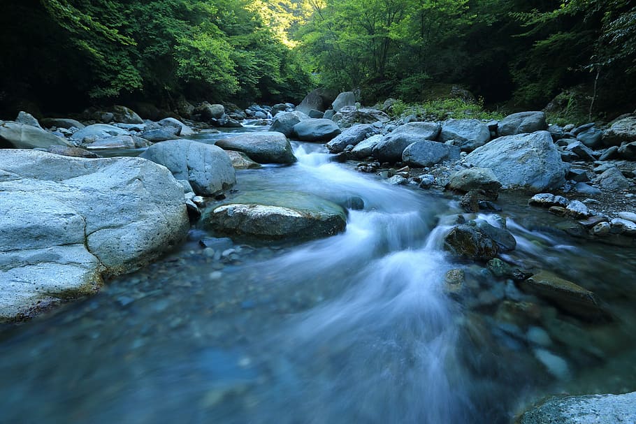 body river surrounded by dress, time lapse photo of river, rock HD wallpaper