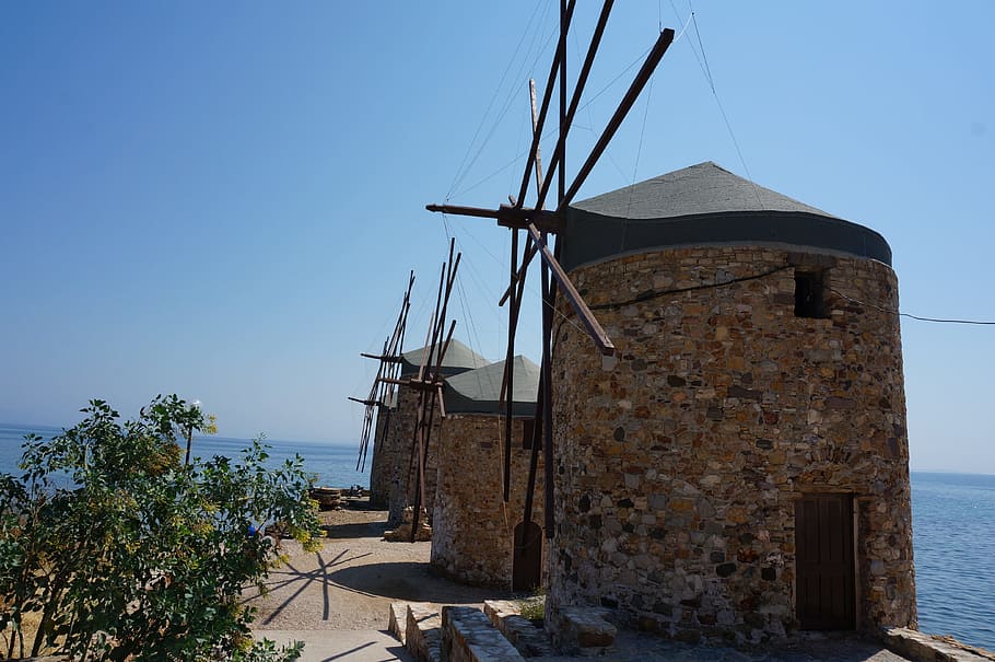 Greece, Chios, Mill, Blue Sky, Sea, nature, wicks, sunny, mill blades, HD wallpaper