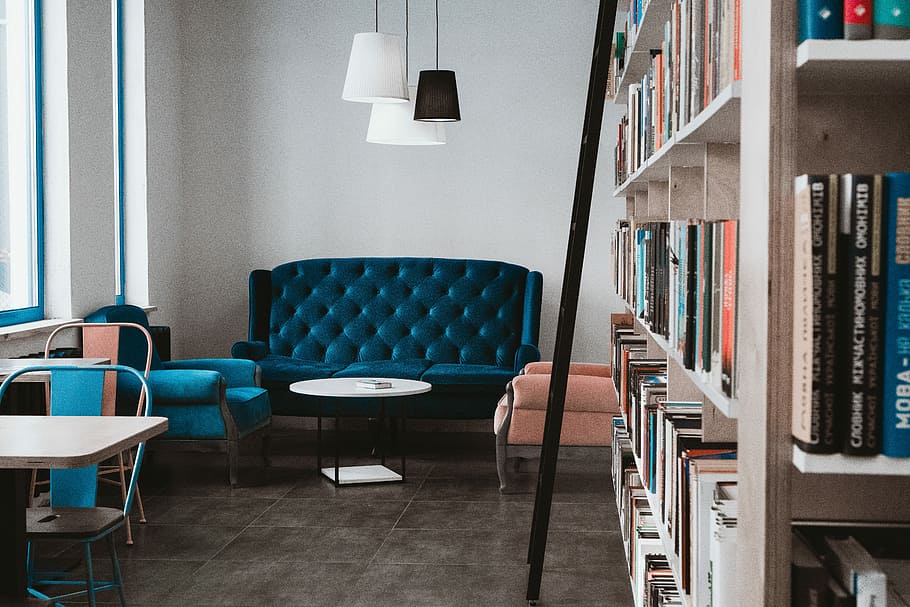 tufted blue 3-seat sofa near white wall and window, tufted green sofa beside window and bookshelf HD wallpaper