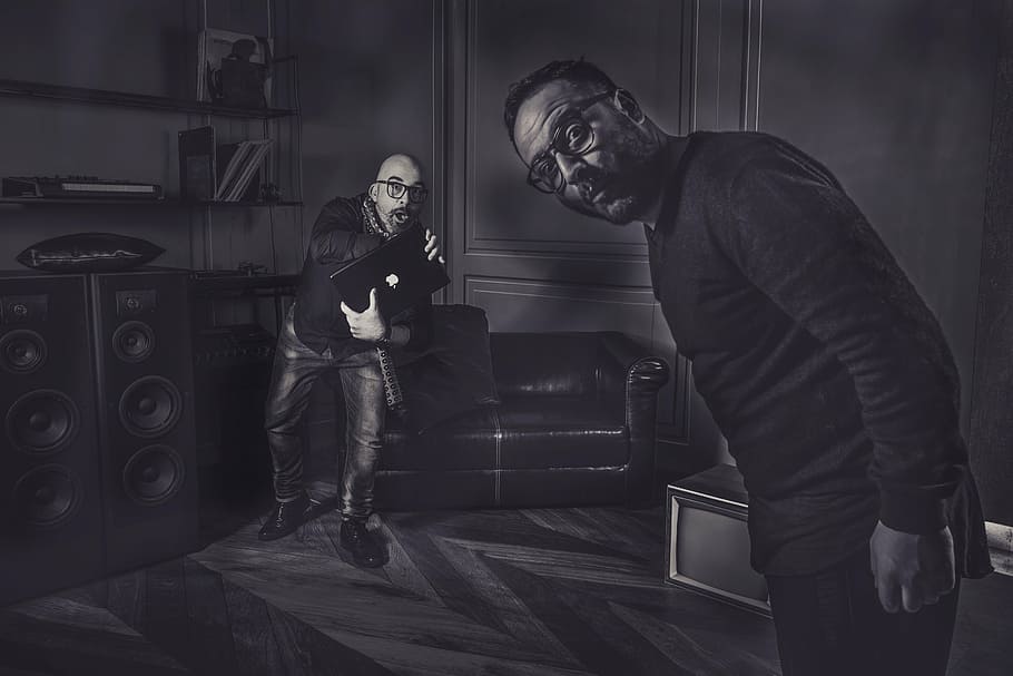 greyscale photo of two man standing inside house, stduio, adv HD wallpaper