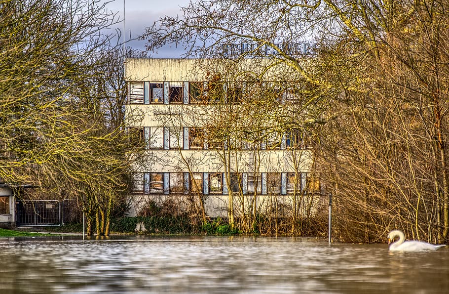 high water, flooding, river, flow, shipyard, abandoned, broken, HD wallpaper