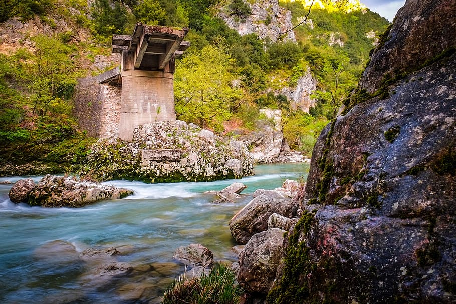 bridge, river, water, rocks, built structure, tree, nature HD wallpaper