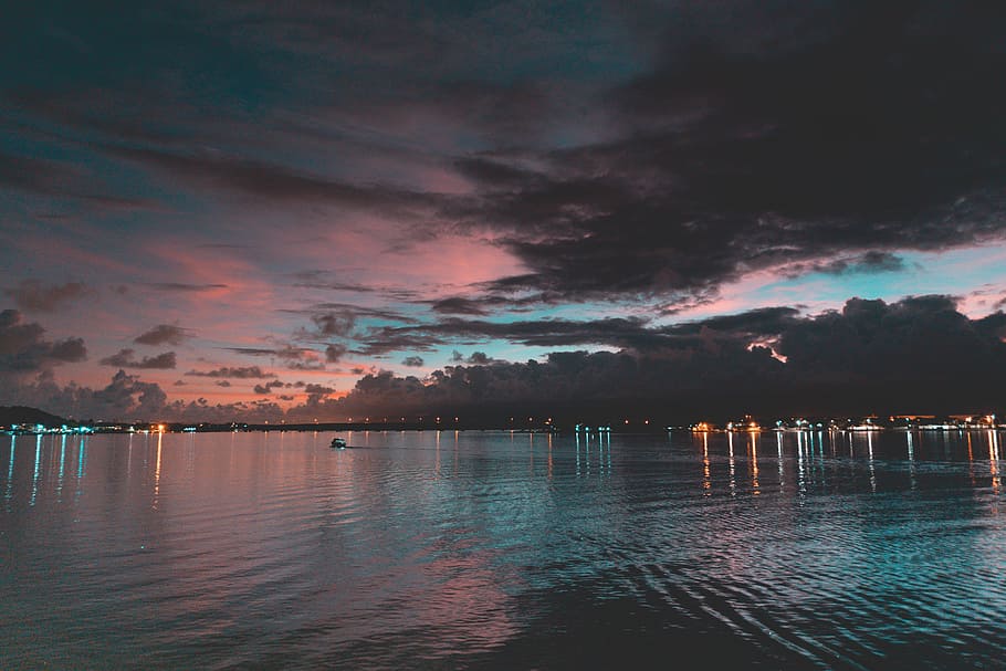 sea, dawn, landscape, nature, beach, evening, lights, mirroring HD wallpaper