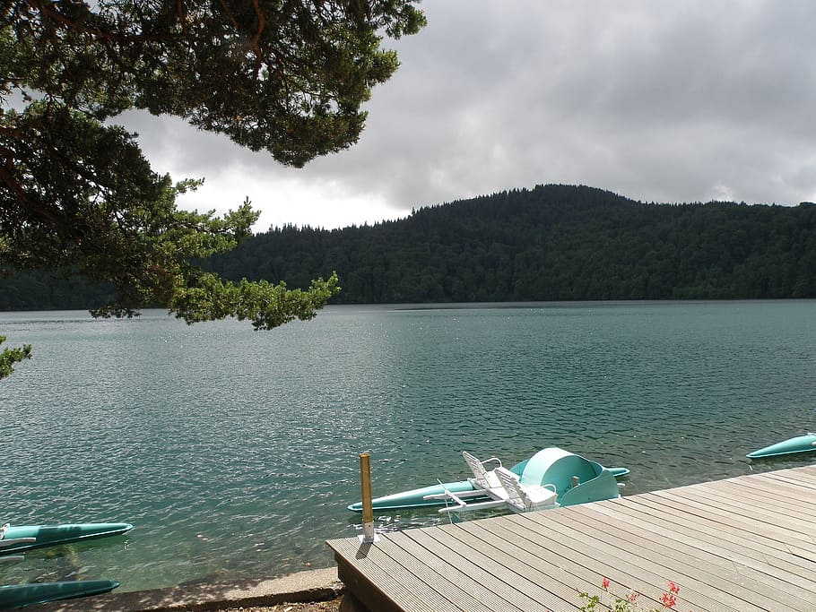 france, sky, clouds, forest, trees, woods, dock, pier, paddleboat HD wallpaper