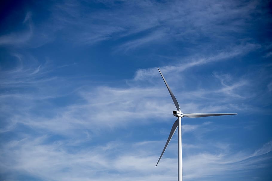 tilt-shift photography of white windmill during daytime, white electric windmill under cirrus clouds HD wallpaper