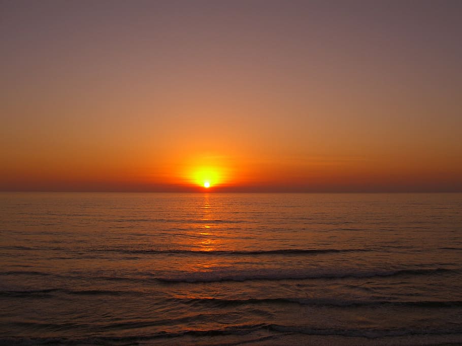 sunset, horizon, sky, scene, sea, nature, dusk, orange Color HD wallpaper