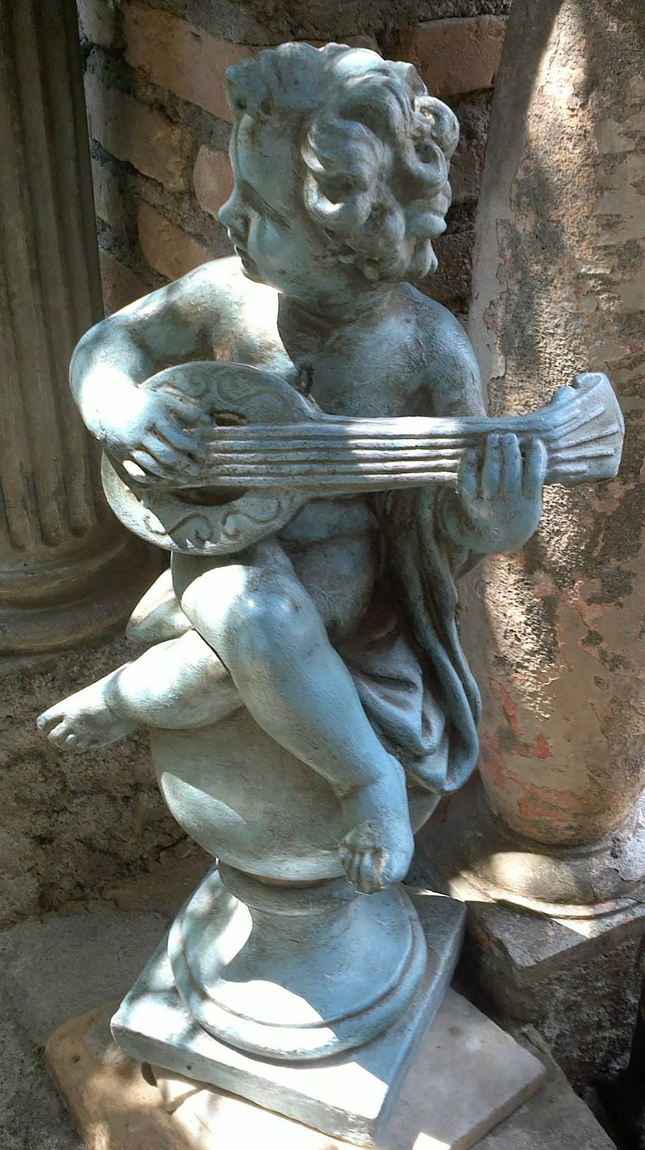 Cherub, Lute, Statue, Cupid, playing, angel, sculpture, art and craft