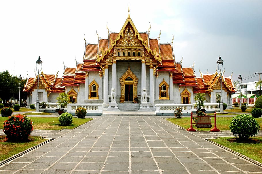 white and orange concrete building, Thailand, Temple, Buddhism, HD wallpaper