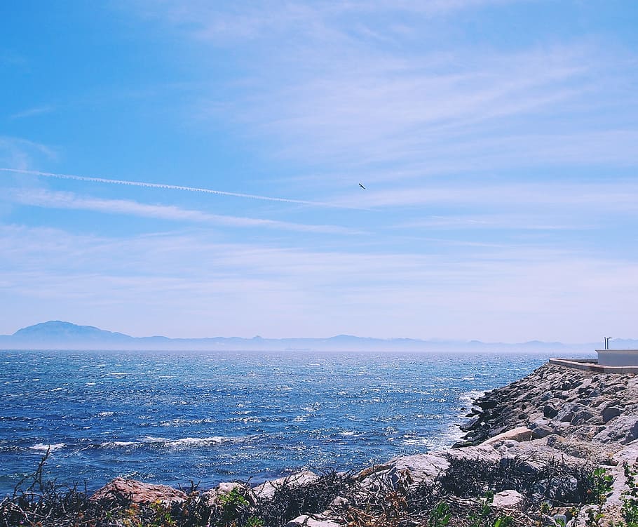 beach, coast, water, waves, rocks, shore, ocean, sea, blue HD wallpaper
