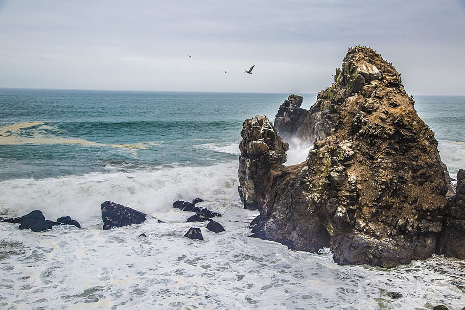peru, beach, mountain, sea, rock, water, rock - object, solid HD wallpaper