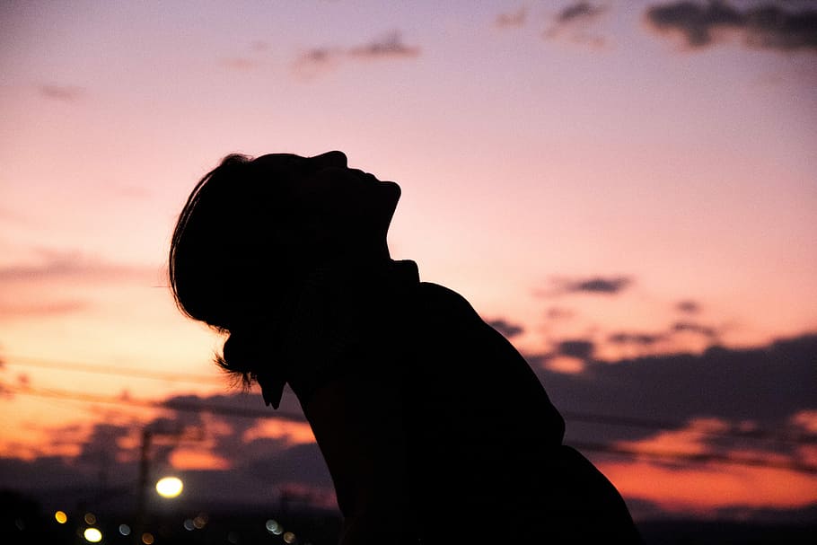 sunset, dawn, silhouette, sky, one person, headshot, side view HD wallpaper