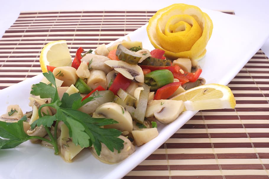 mushroom salad, appetizer, cold appetizers, help, food, plate HD wallpaper