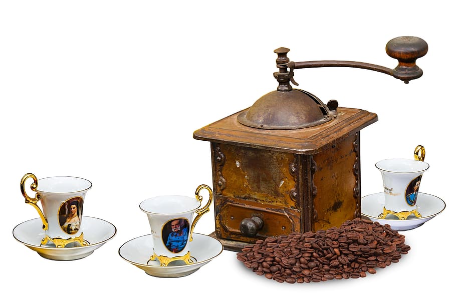 three gold-and-white teacups and saucer with brown manual coffee grinder, HD wallpaper