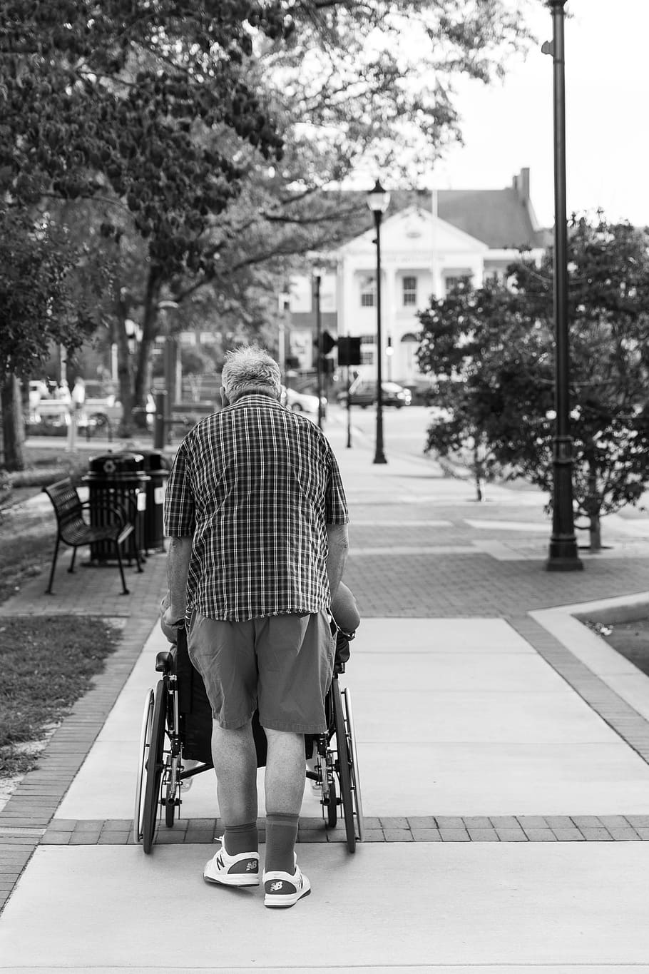 grayscale photo of man pushing wheelchair, people, street, adult, HD wallpaper