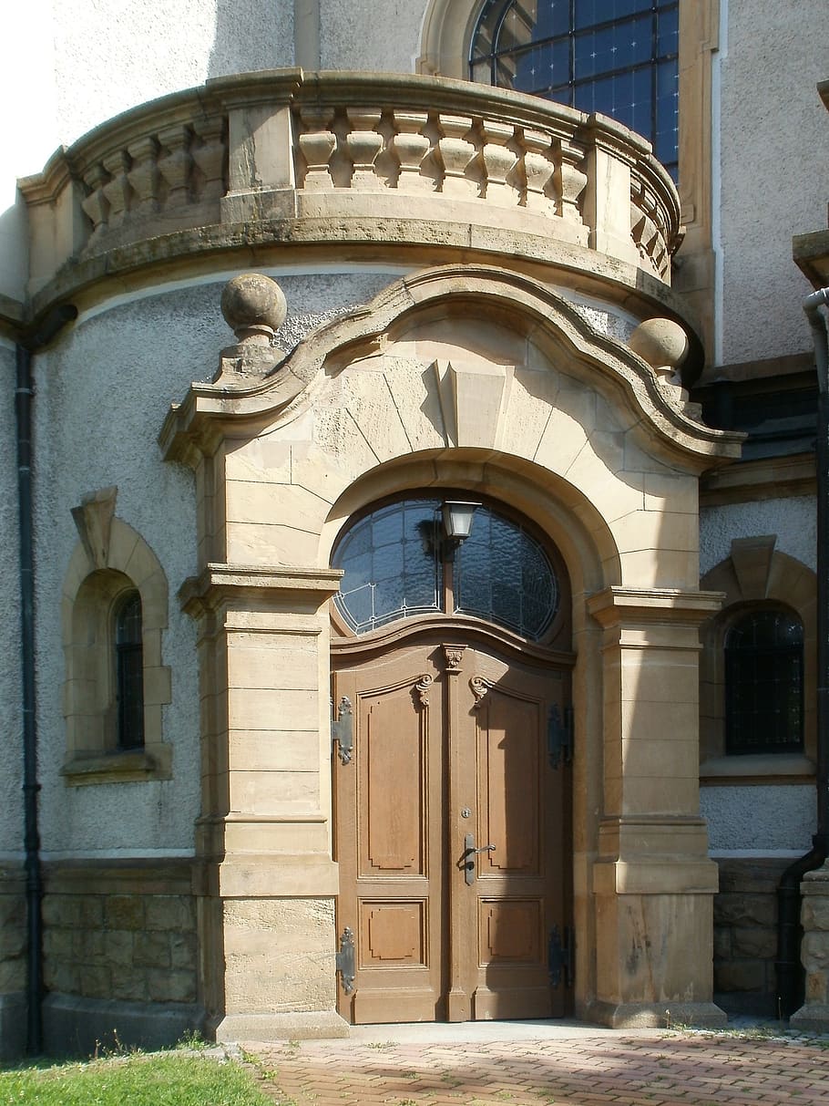 church, protestant, hockenheim, entrance, door, front, building, HD wallpaper