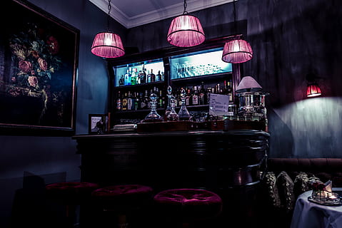 brown wooden mini bar station inside black painted room, three HD wallpaper