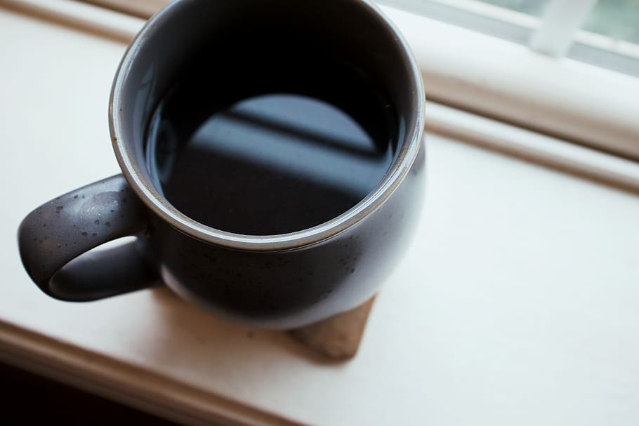 black ceramic mug on white panel, black ceramic cup, drink, coffee HD wallpaper