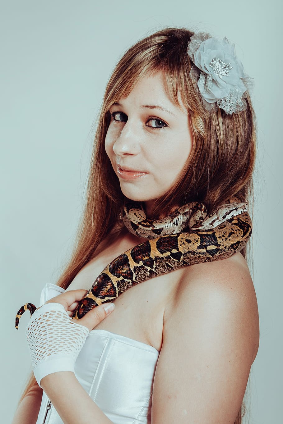 boa constrictor, snake, woman, with a snake, lovely, portrait, HD wallpaper