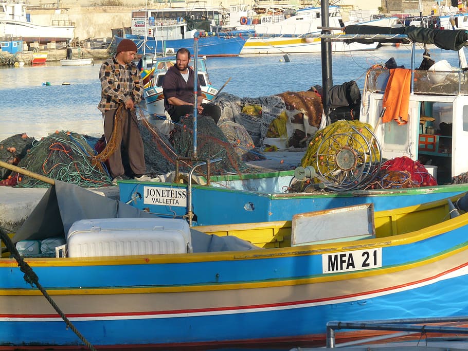 port, fischer, networks, fishing net, boats, boot, malta, marsaxlokk