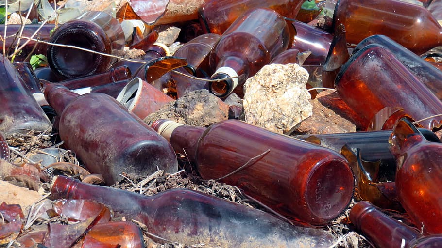 bottles, brown, glass, dump, rubbish, transparent, empty, waste HD wallpaper