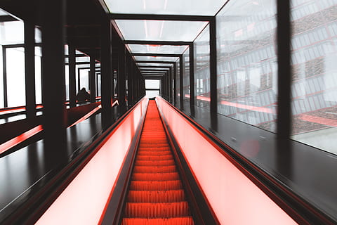 red stair between glass windows, escalator, light, going up HD wallpaper