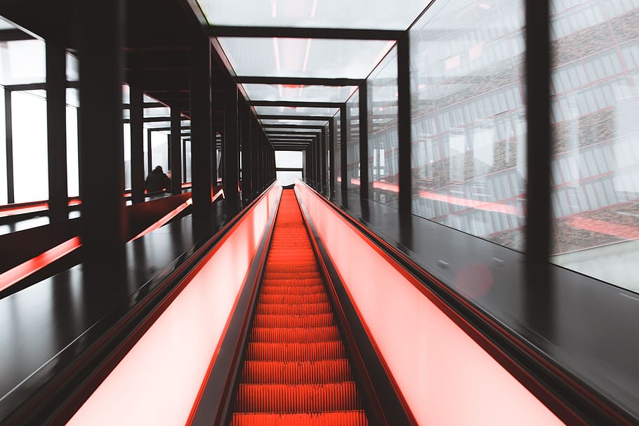 red stair between glass windows, escalator, light, going up HD wallpaper