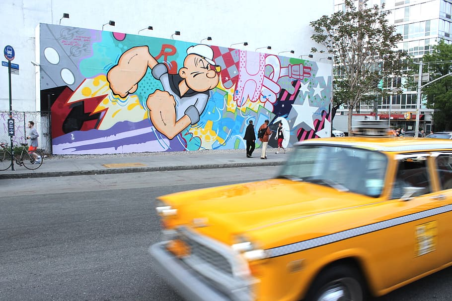 people near Popeye wall art, untitled, yellow car, street, taxi HD wallpaper