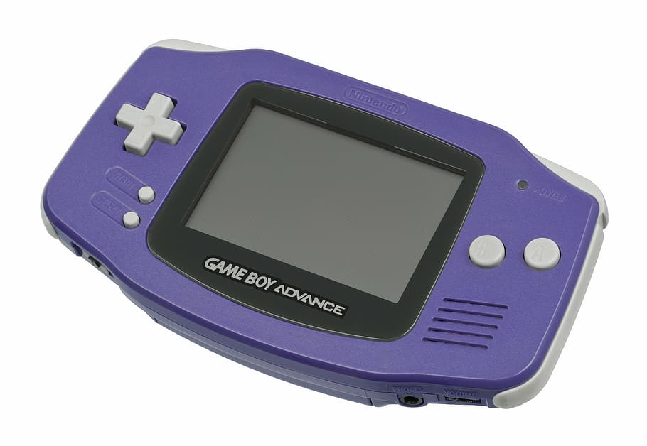 purple Game Boy Advance console, video game console, play, toy