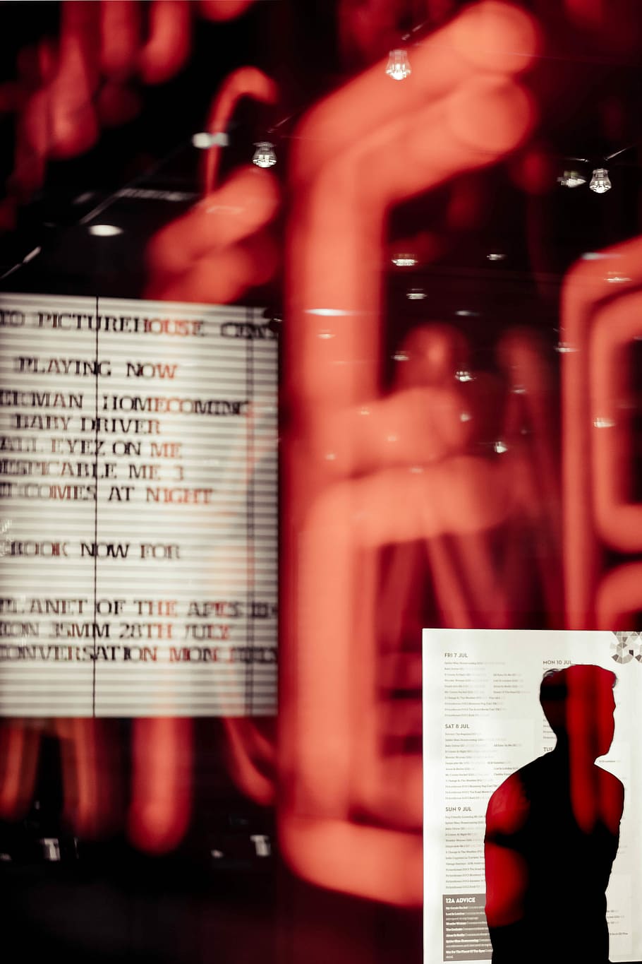 red neon signage, picture house playing now screengrab, cinema, HD wallpaper