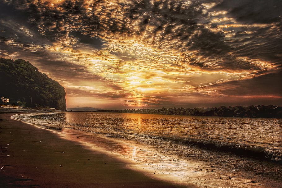 ocean during sunset, sunrise, asahi, landscape, views, morning HD wallpaper