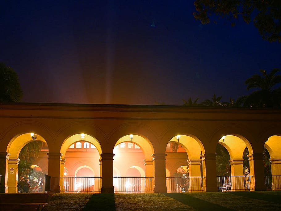archway, lighting, light beam, balboa park, architecture, built structure, HD wallpaper
