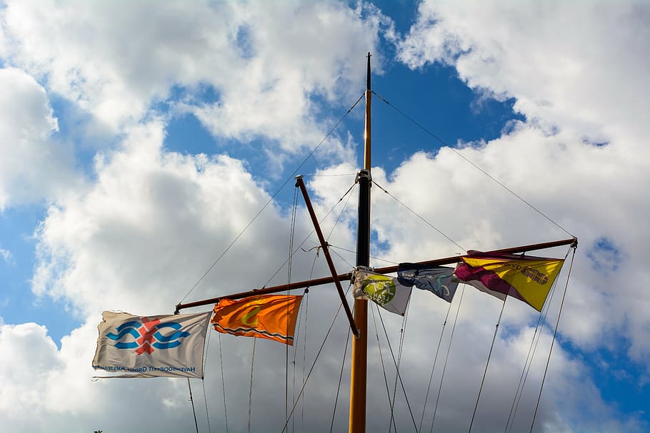 clouds, sky, flags, ship, mast, cloud - sky, wind, nature, environment HD wallpaper
