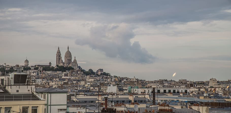 paris, montmartre, bute, monument, sky, france, staircase, panorama, HD wallpaper