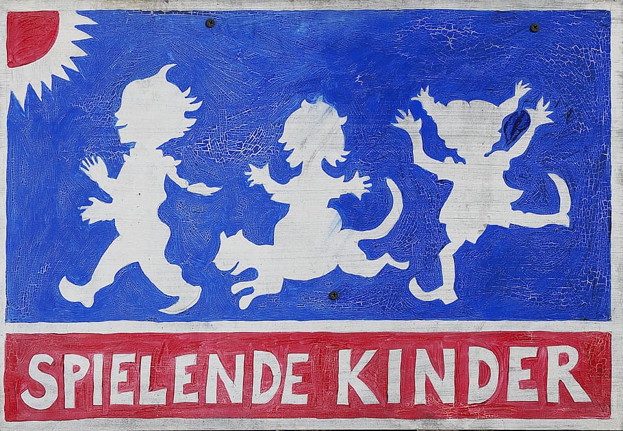 shield, warning, note, children playing, old sign, weathered HD wallpaper