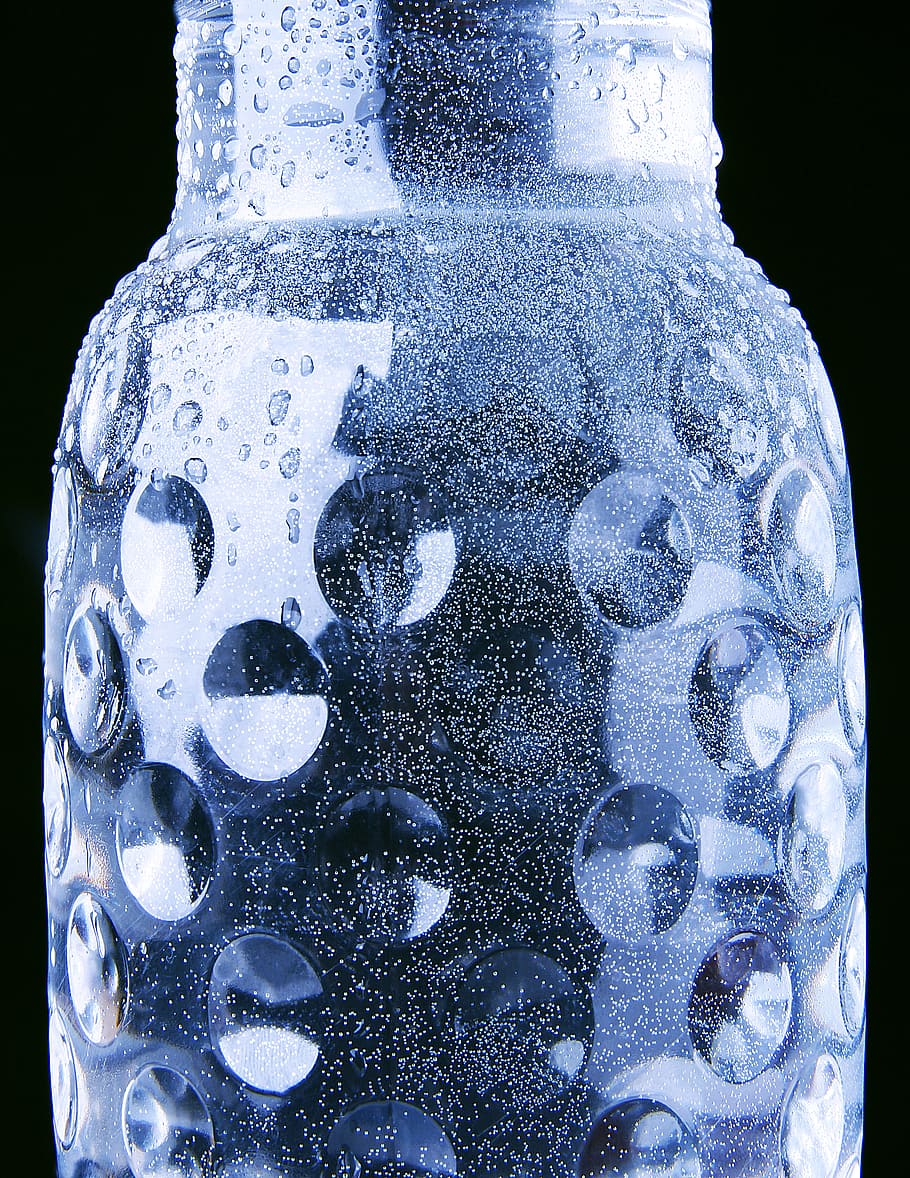 bottle, blue, drops, water, macro, macro photography, indoors HD wallpaper