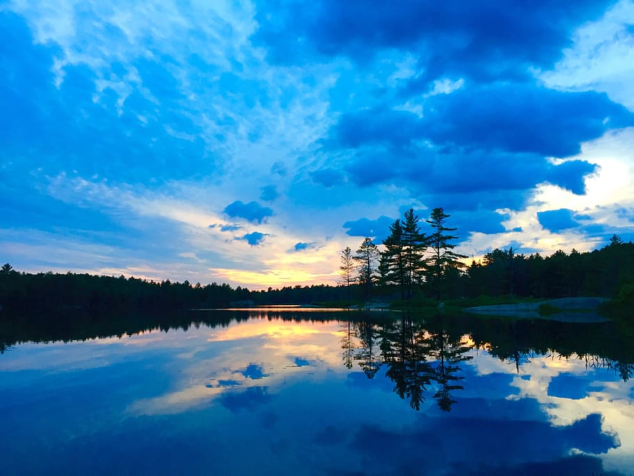 body of water surrounded by trees under cloudy sky during daytime, trees reflecting on glassy body of water panoramic photography