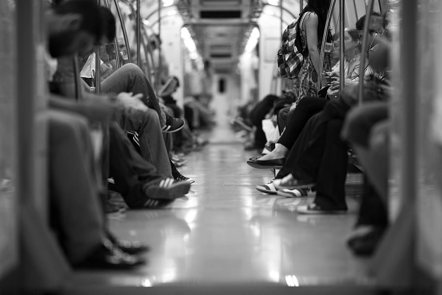 grayscale photography of people sitting in train, inside, wagon HD wallpaper