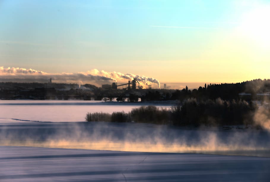 luleå, river, mist, ice, sunset, dusk, water, sky, nature HD wallpaper