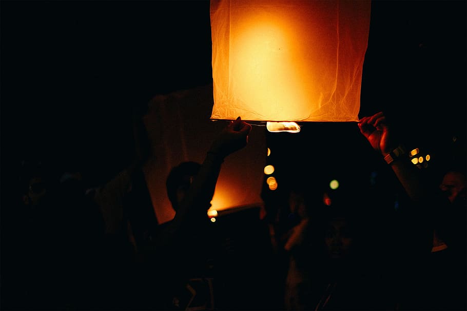 yellow paper lantern, person, nighttime, light, lighting, shade HD wallpaper