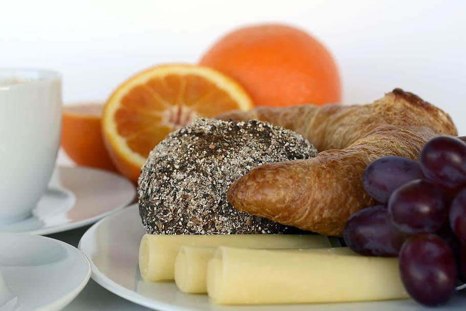 closeup photo of variety of fruits, breakfast, coffee, oranges HD wallpaper