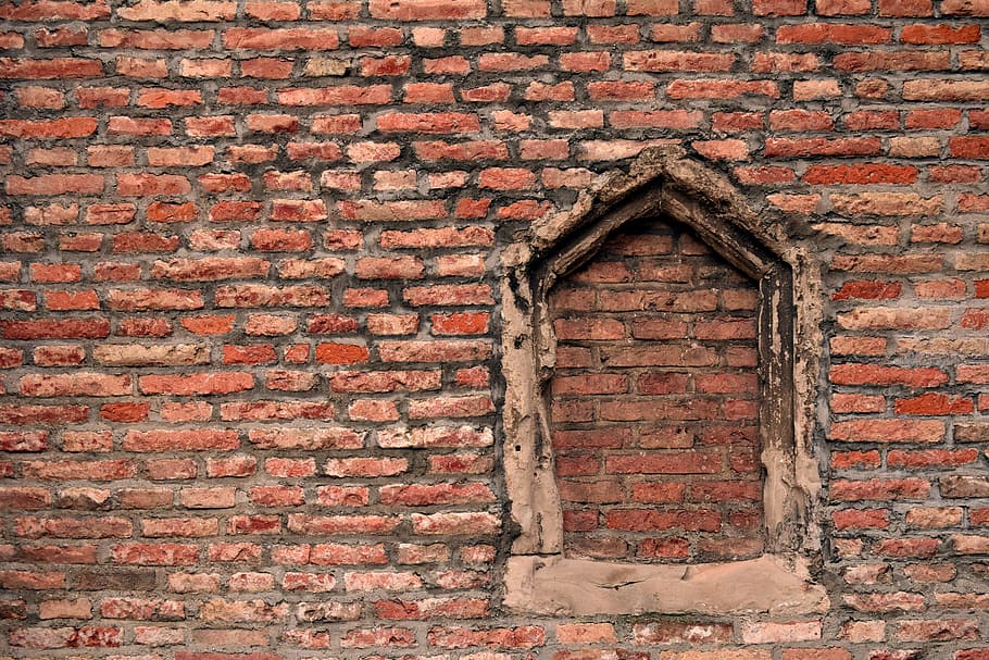 brown concrete blocks, wall, window, brick wall, bricks, red HD wallpaper