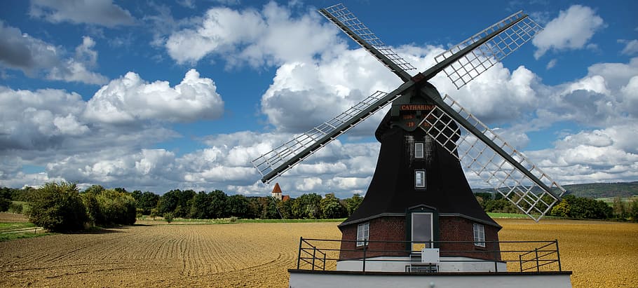 mill, windmill, sky, wing, mediterranean, blue, wind power, HD wallpaper