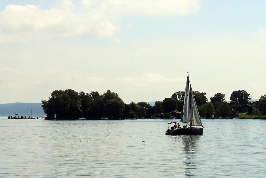 sailing boat, island, ship, boot, water, lake, chiemsee, nature HD wallpaper