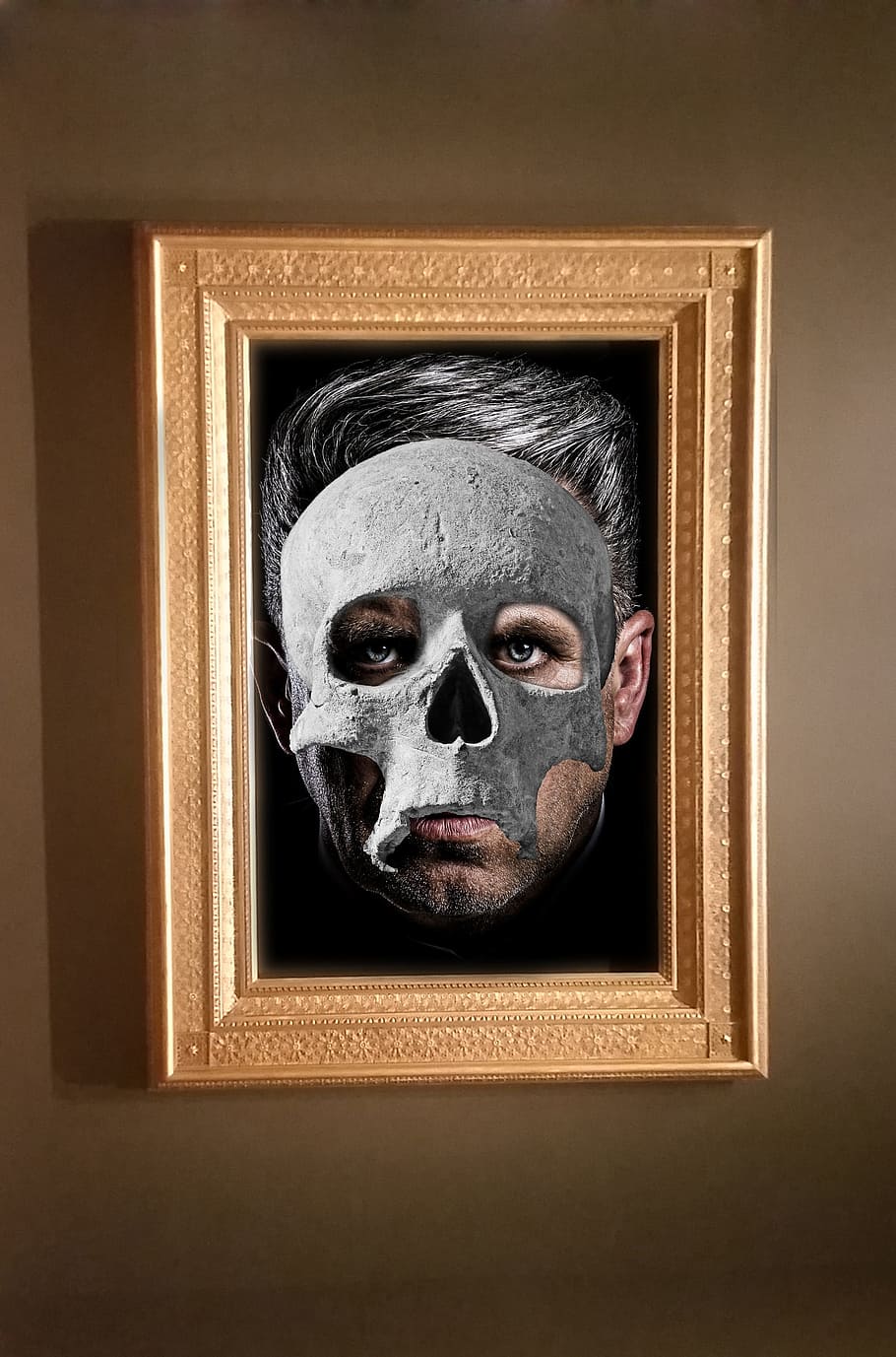 skull, man, face, portrait, frame, gold, black, halloween, death