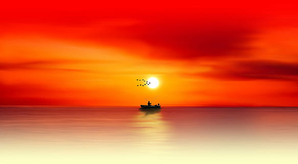 silhouette of person on boat during dusk painting, sunset, dawn HD wallpaper