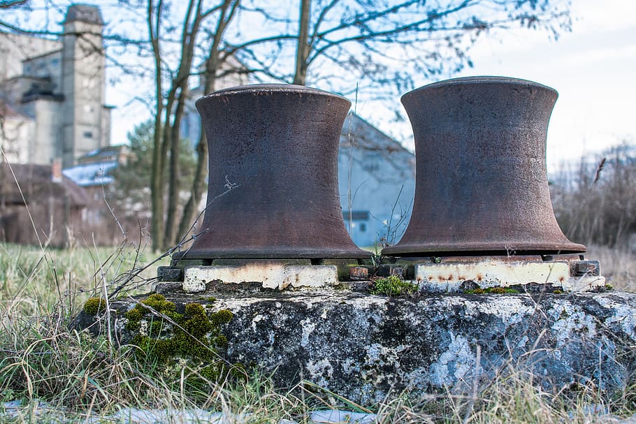 factory, bollard, railway, rust, lapsed, plant, tree, day, nature HD wallpaper