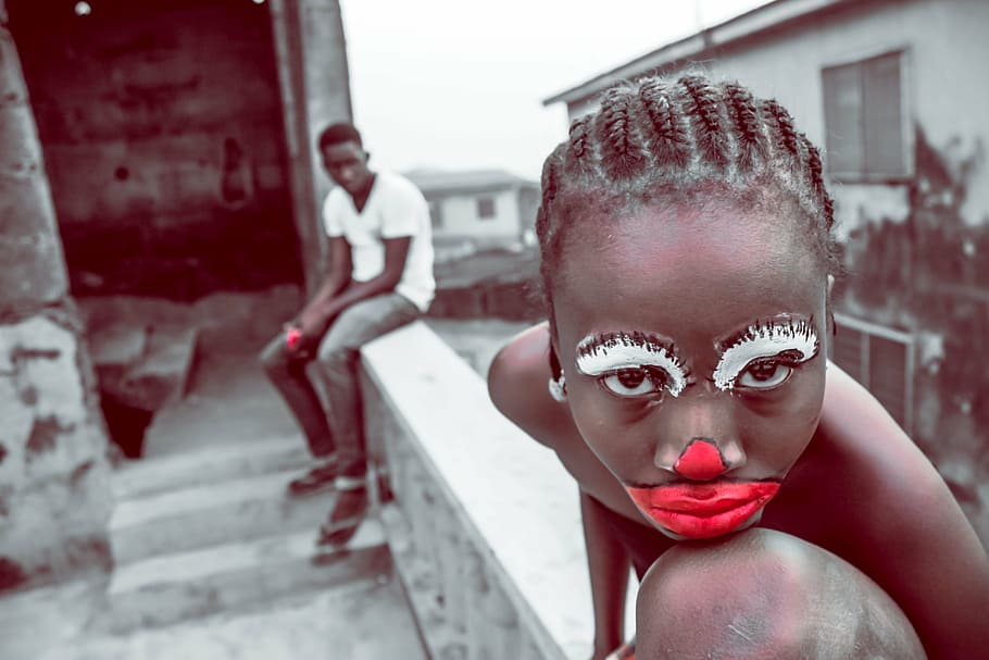 woman with face paint, child, clown, bored, make up, portrait HD wallpaper