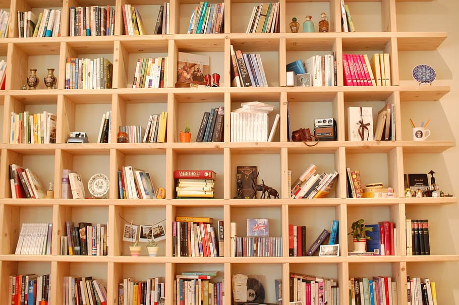 beige wooden bookshelves, bookcase, reading, shelf, publication, HD wallpaper