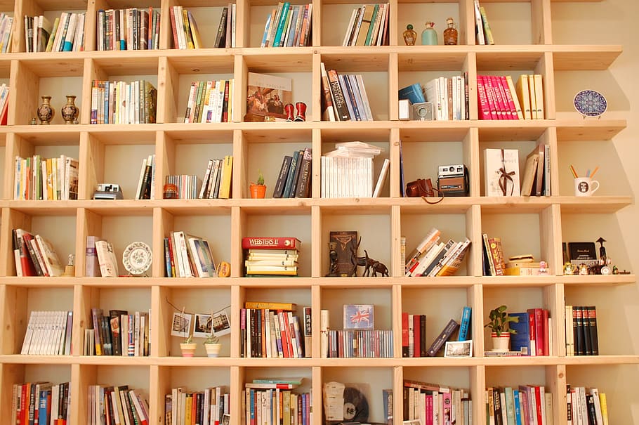 beige wooden bookshelves, bookcase, reading, shelf, publication HD wallpaper