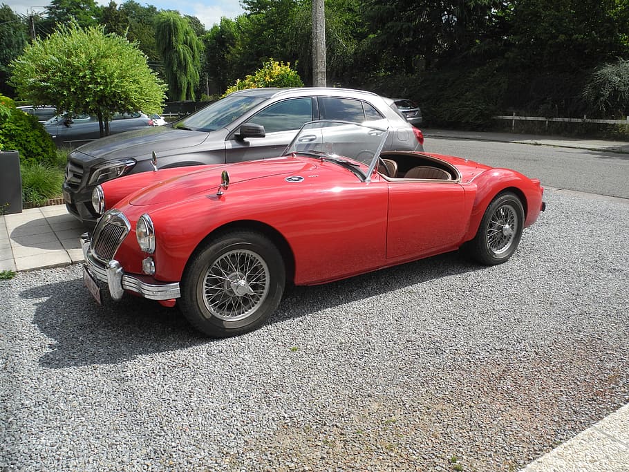 old car, red bodywork, mg, motor vehicle, mode of transportation HD wallpaper